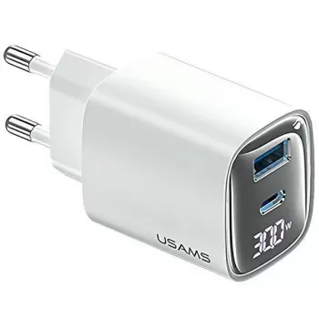 Φορτιστής γρήγορης φόρτισης USB και USB-C 30W GaN usams CC229 Λευκό — Ένδειξη LED, συμπαγής σχεδιασμός
