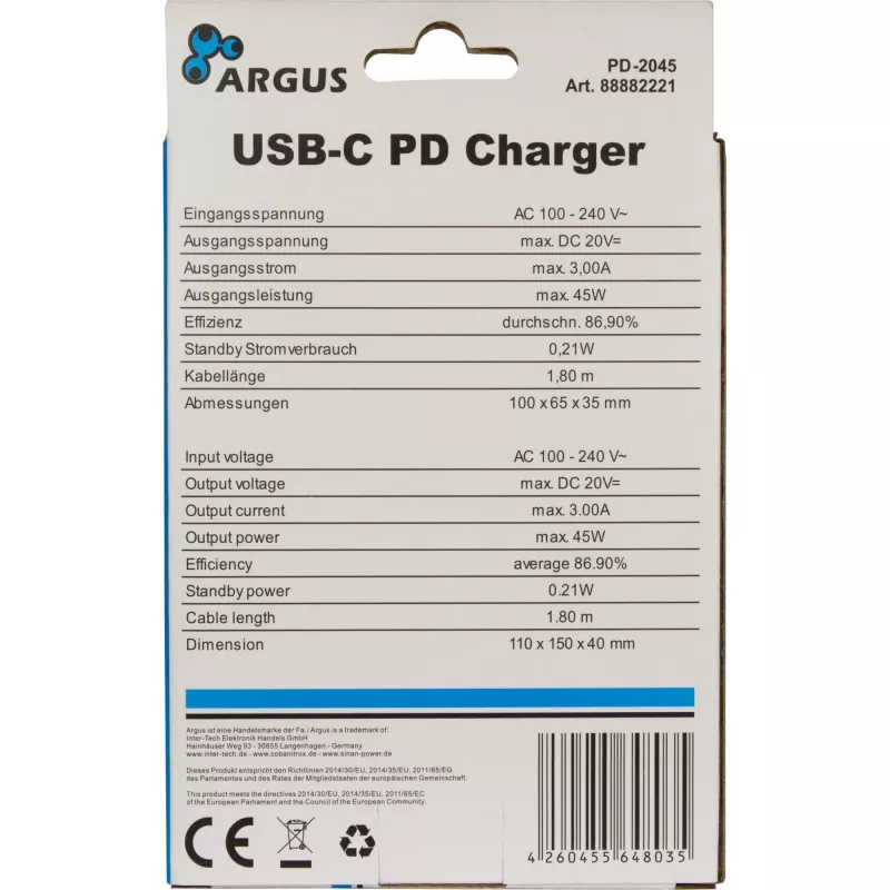 Φορτιστής Inter-Tech PD-2045 Universal Μαύρο AC για εσωτερικό χώρο 20V USB-C
