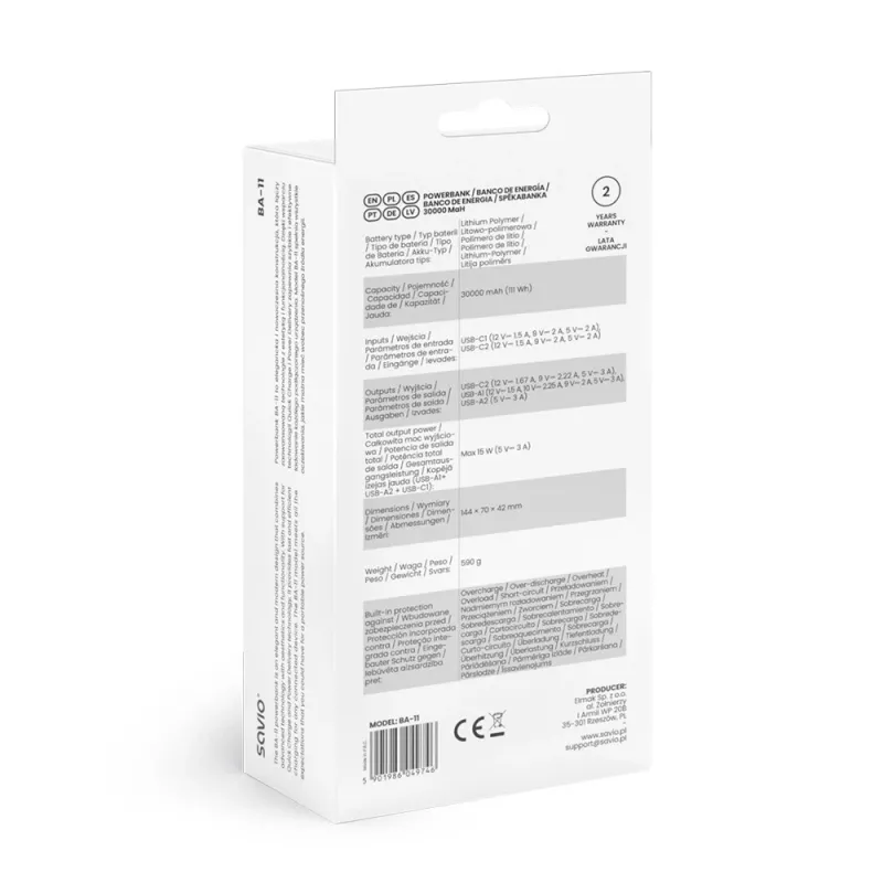 SAVIO BA-10 εξωτερική μπαταρία (power bank) 30000 mAh (111 Wh), Li-ion, 2x USB-C, 2x USB-A, Quick Charge, Power Delivery