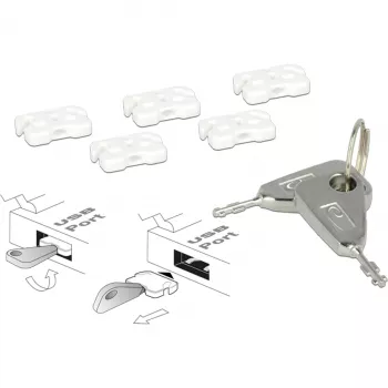 Σετ αποκλεισμού θυρών USB για υποδοχή USB-A, Κλειδαριά βύσματος Λευκό/Ασημί, 5x Αποκλεισμοί θυρών USB, 2x Κλειδιά