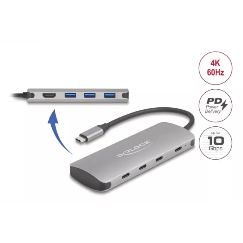 USB-C Hub DELOCK 64323 — USB 3.2 Gen 2 Type-C-Host, HDMI + 2× USB-A + 2× USB-C, 10 Gbit/s, γκρι