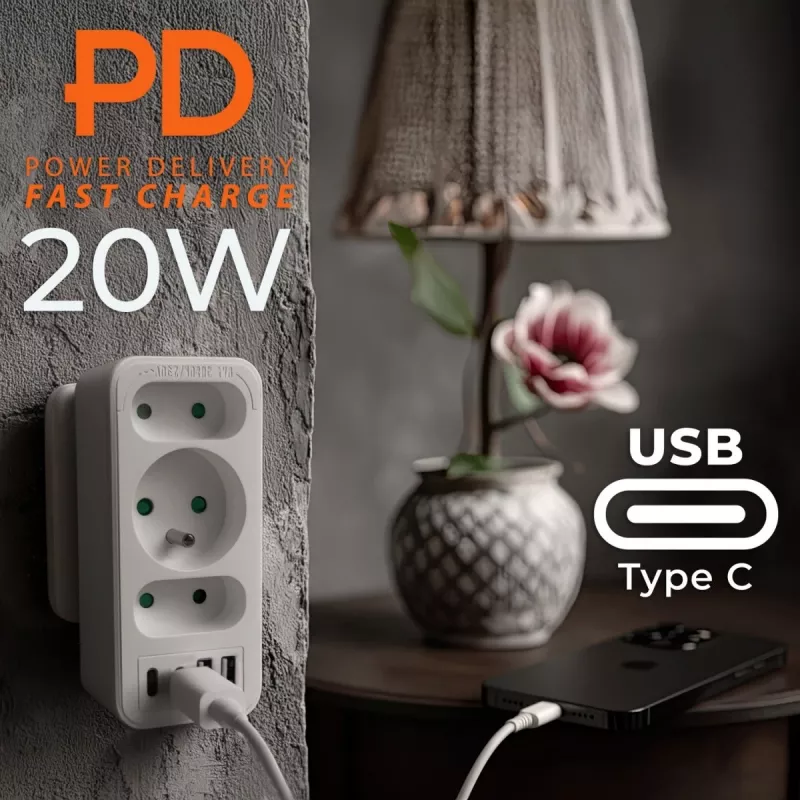 Πολύπριζο MACLEAN MCE248 F/W — 3 πρίζες AC (1×16A, 2×6A) + 4×USB (2×A, 2×C PD 20W), βύσμα EU, λευκό