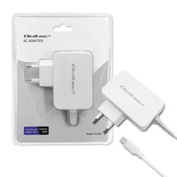 Qoltec 51039 τροφοδοτικό 65 W USB-C PD, 5–20,3 V, 2–3,25 A, ενσωματωμένο καλώδιο USB-C, λευκό