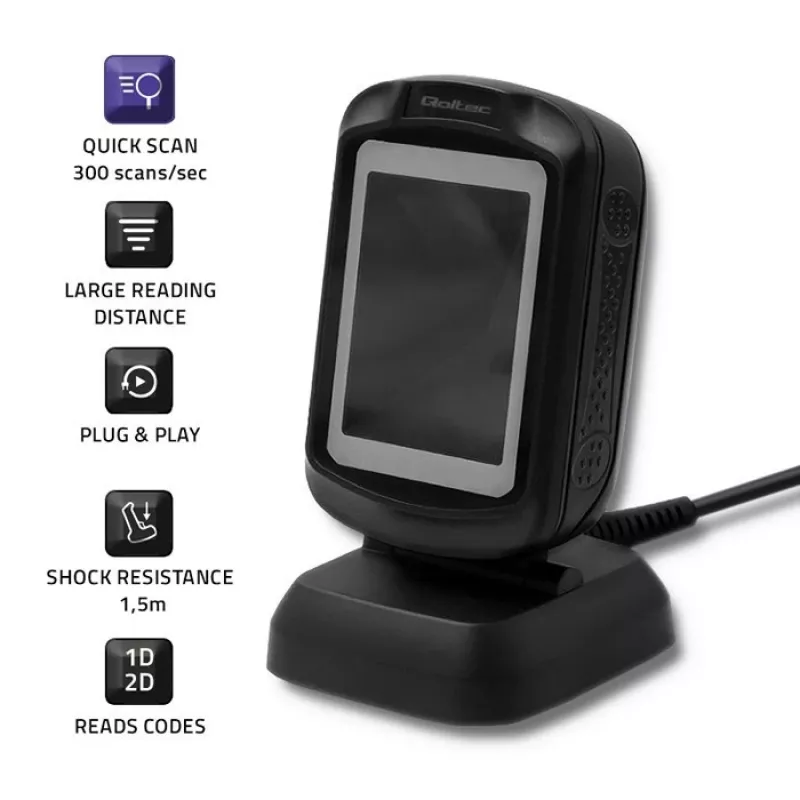 Σταθερός σαρωτής barcode 1D/2D QOLTEC 50864, αισθητήρας LED, USB (ενσύρματο), μαύρο, 145×85×80 mm