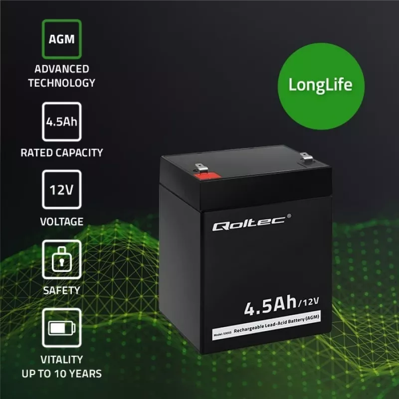 Qoltec 53033 μπαταρία AGM 12 V 4,5 Ah, μέγ. 1,35 A, χωρίς συντήρηση