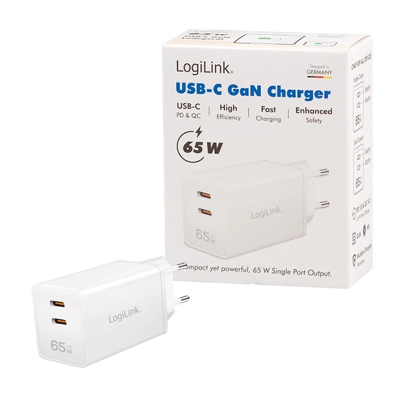 Διπλός αντάπτορας πρίζας USB 65W, 2xUSB-C, λευκό