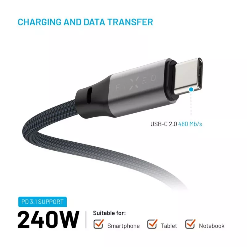 USB-C σε USB-C Μαγνητικό Πλεκτό Καλώδιο FIXED FIXDBM-CC12-GR, USB 2.0, 1,2 m, γκρι
