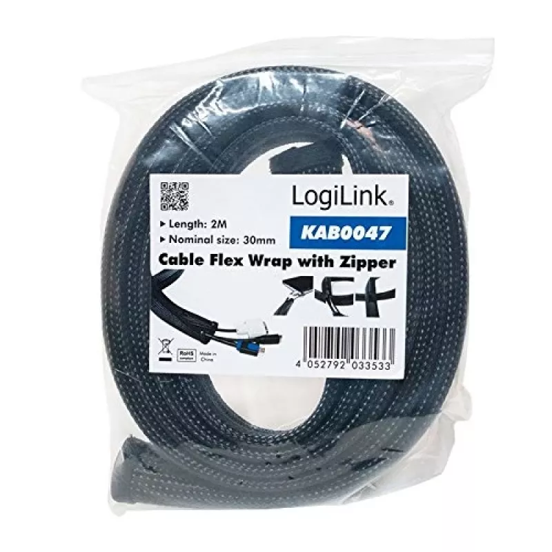 LOGILINK KAB0047 LOGILINK Εύκαμπτος οργανωτής καλωδίων με φερμουάρ, Μαύρο 2m