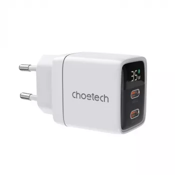 Choetech PD6051 2x USB-C PD 35W GaN επιτοίχιος φορτιστής με οθόνη - λευκό