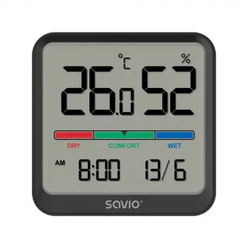 Savio CT-01/B ασύρματος αισθητήρας θερμοκρασίας και υγρασίας εσωτερικού χώρου, LCD, ρολόι, ημερομηνία, μαγνητική βάση, μαύρο