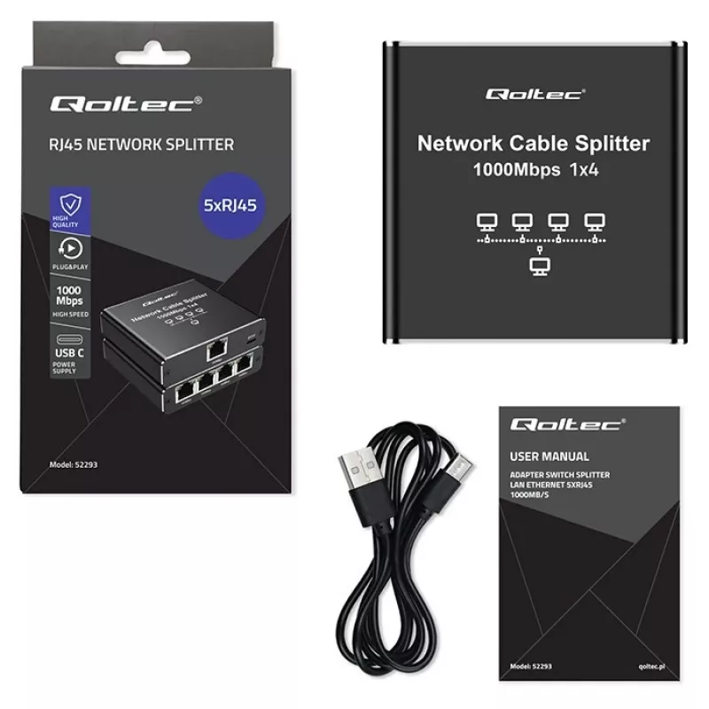 Ethernet Mini Switch QOLTEC 52293 1x4 RJ45, unmanaged διαχωριστής δικτύου 1-in 4-out