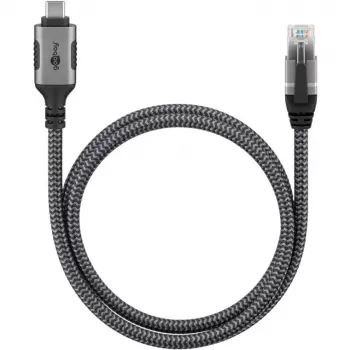Καλώδιο Ethernet USB-C 3.2 Gen2 βύσμα αρσενικό > βύσμα αρσενικό RJ-45, adapter LAN μαύρο/ασημί, 3 μέτρα, πλεκτό περίβλημα υφάσματος