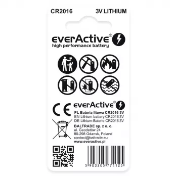 Λιθίου κουμπί everActive CR2016 — 3 V, διάμετρος 20 mm, ύψος 1,6 mm, συσκευασία 2 τεμ.