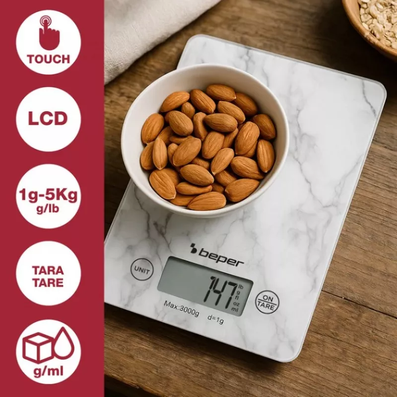 Ζυγαριά κουζίνας Beper P102BIL004 - ψηφιακή, 5 kg, 1 g, λευκό μάρμαρο