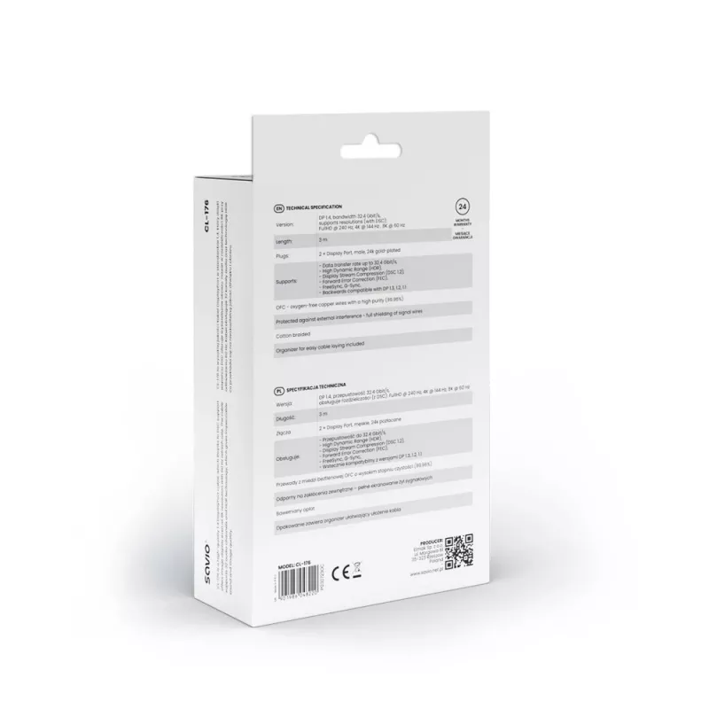 Καλώδιο SAVIO DISPLAYPORT (M) - DISPLAYPORT (M), V1.4, 3 m, CL-176