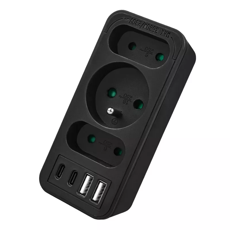 Πολύπριζο MACLEAN MCE248 F/B — 3 πρίζες AC (1x16A, 2x6A) και 4 θύρες USB (2xUSB‑A, 2xUSB‑C PD 20W), βύσμα EU, μαύρο