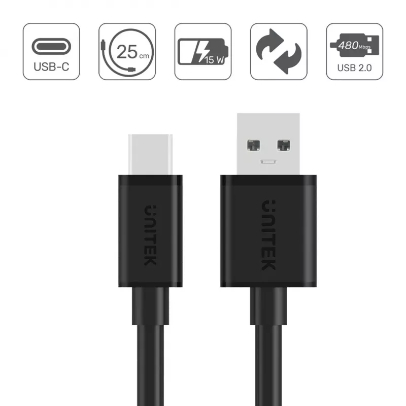 UNITEK ΚΑΛΩΔΙΟ USB USB-A — USB-C 25CM, Y-C480BK