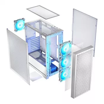 Κουτί PC LOGIC Dart Pro Midi ARGB λευκό — Midi Tower, ATX, 456×200×385 mm, max. GPU 34 cm, ύψος ψύκτρας CPU 155 mm, 3x120mm μπροστά + 1x120mm πίσω, USB 3.0 x2, USB-C x1