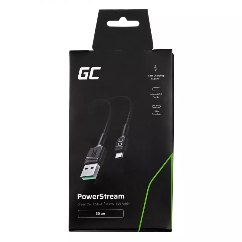 Καλώδιο USB 2.0 Green Cell KABGC23, USB A σε Micro-USB B, 0,3 m, μαύρο