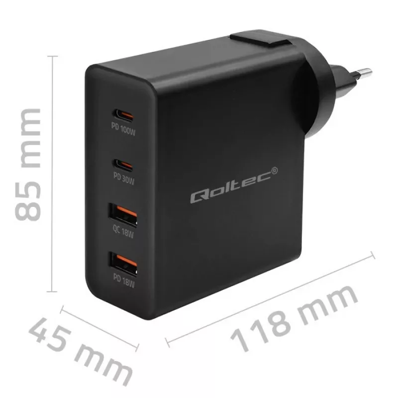 Qoltec GaN POWER PRO Φορτιστής | 2xUSB-C | 2xUSB | 130W | 5-20V | 1.5-5A | XP | μαύρο