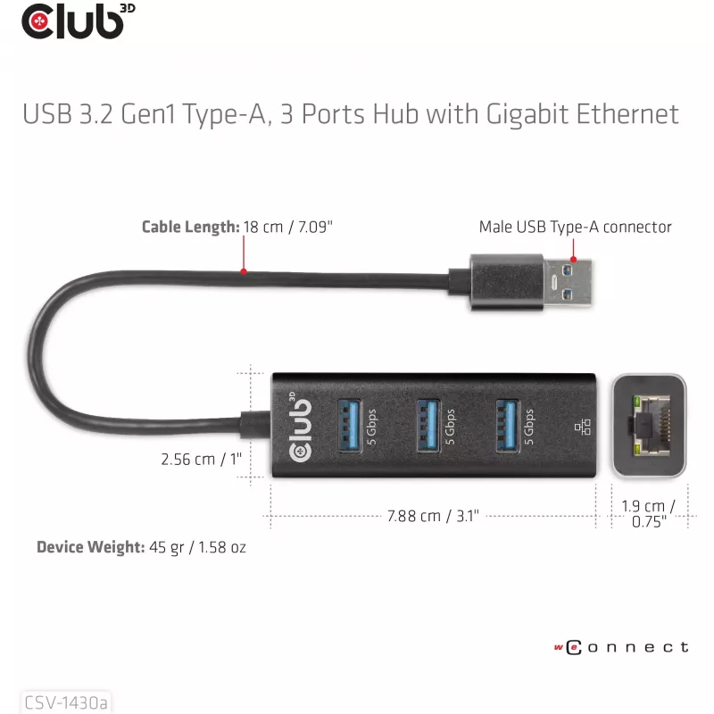 USB Hub CLUB3D USB 3.2 Gen1 Type-A με 3 θύρες και Gigabit Ethernet