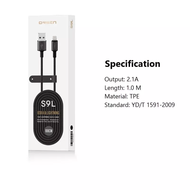Καλώδιο USB-A σε Lightning Orsen S9L 1 m 2,1A — μαύρο
