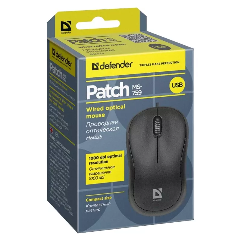 Ενσύρματο οπτικό ποντίκι DEFENDER PATCH MS-759 USB Type-A, αμφίχειρο, 1000 DPI, μαύρο