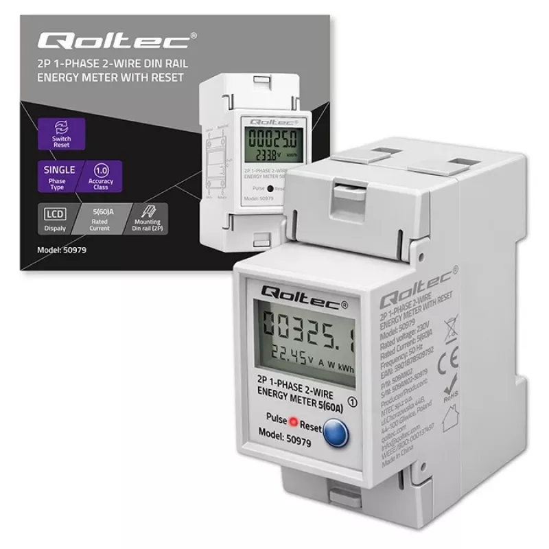 Μετρητής ενέργειας QOLTEC μονοφασικός ράγας DIN 230V (MPN 50979)