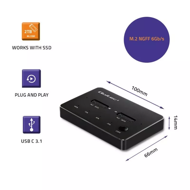 Σταθμός σύνδεσης Qoltec 50310 Drive 2x SSD M.2 SATA NGFF USB Type-C