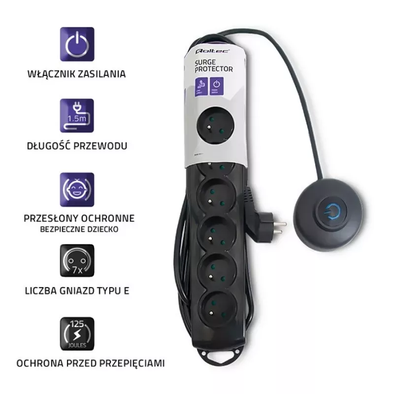 Προστασία Υπέρτασης Qoltec 50171 Μαύρο 7 πρίζες AC 230V 1,5m