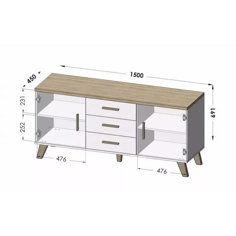 Cama sideboard LOTTA 150 2D3S δρυς Wotan + ματ μαύρο