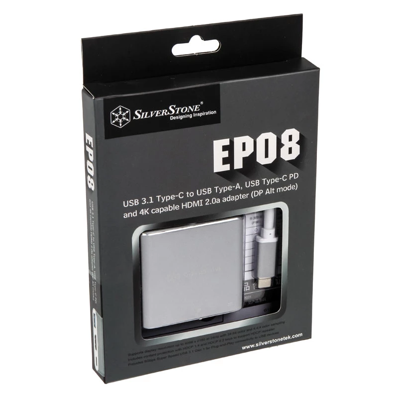 SilverStone SST-EP08C - Προσαρμογέας USB 3.1 Type-C σε HDMI/USB Type C/USB Type A - ασημί