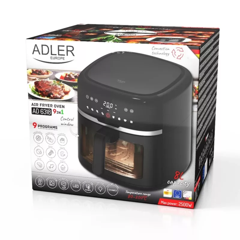 Adler AD 6318 φριτέζα αέρα, 8 l, 2500 W, οθόνη LCD, 9 προγράμματα, μαύρη