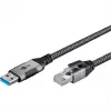 Καλώδιο Ethernet USB-A 3.2 Gen1 βύσμα αρσενικό > βύσμα αρσενικό RJ-45, adapter LAN μαύρο/ασημί, 2 μέτρα, πλεκτό περίβλημα υφάσματος