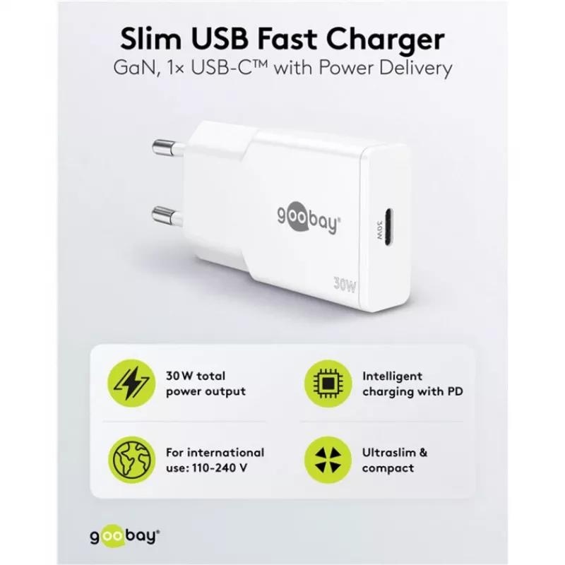 USB-C PD GaN λεπτός ταχυφορτιστής (30 W) (λευκό)