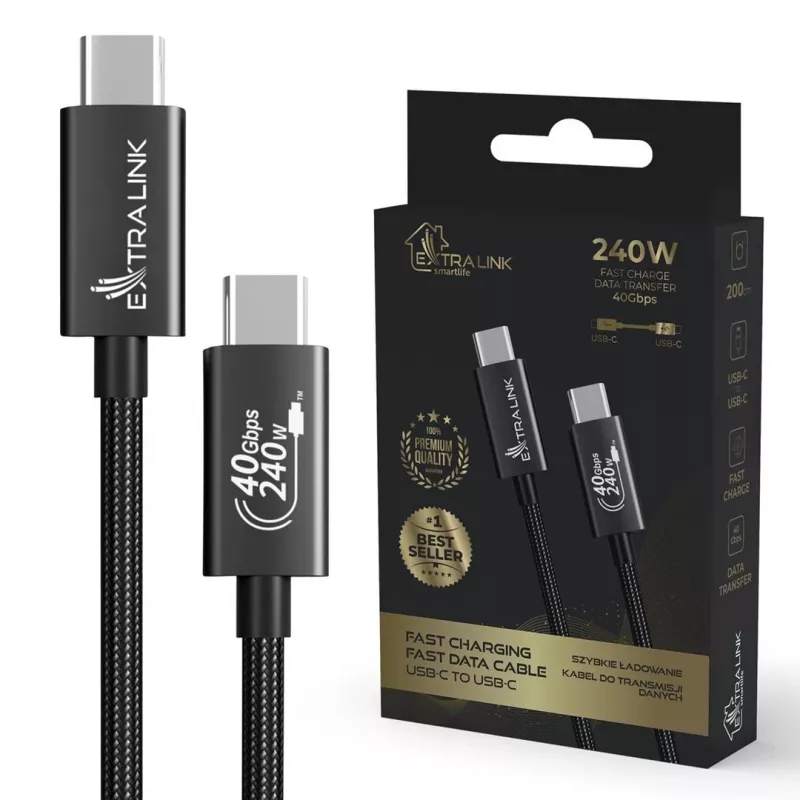 Καλώδιο USB-C σε USB-C Extralink CABESL05 — 2 m, USB 2.0, μαύρο