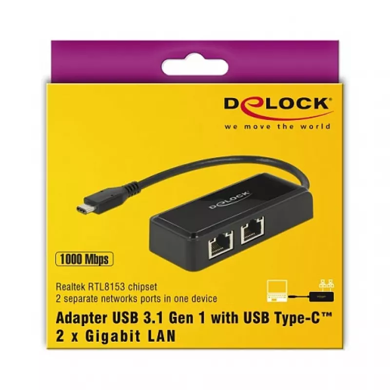 DeLOCK 63927 Αντάπτορας USB-C σε 2x Gigabit LAN, Μαύρο