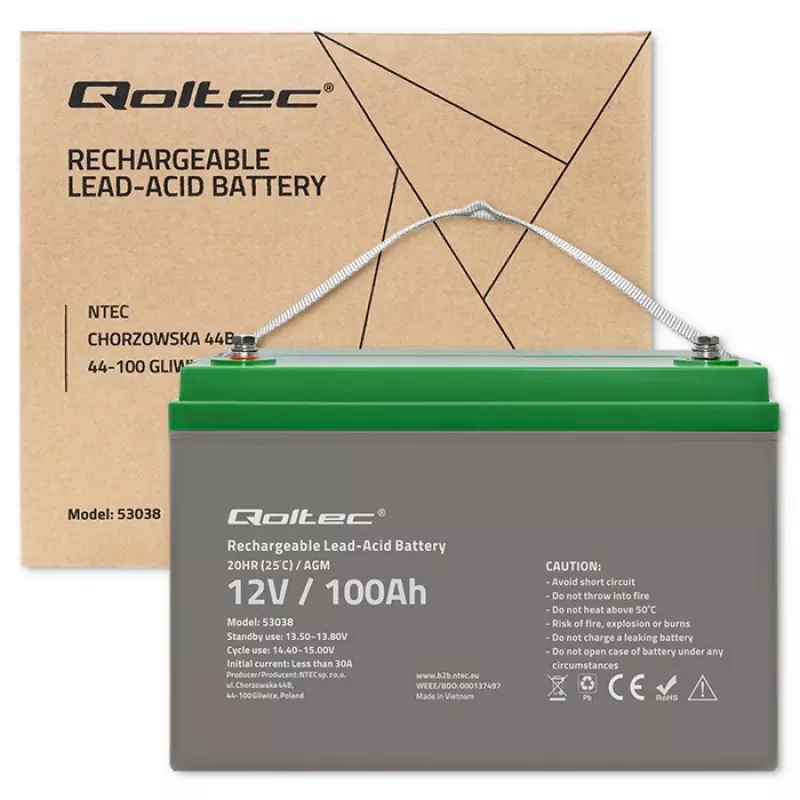 Qoltec 53038 μπαταρία AGM | 12V | 100Ah | max 1200A