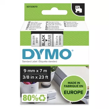 Αυθεντικές DYMO D1 Ετικέτες | Μαύρη Εκτύπωση σε Διαφανή Ταινία | 9 mm x 7 m | Αυτοκόλλητες Ετικέτες για Εκτυπωτές Ετικετών LabelManager | Κατασκευασμένες στην Ευρώπη