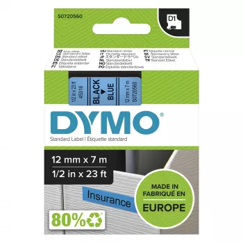 DYMO Authentic D1 Ετικέτες | Μαύρη Εκτύπωση σε Μπλε Ταινία | 12 mm x 7 m | Αυτοκόλλητες Ετικέτες για Εκτυπωτές Ετικετών LabelManager | Κατασκευασμένες στην Ευρώπη