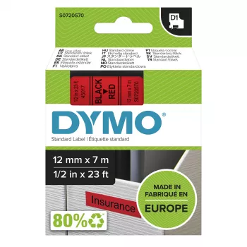 DYMO Original D1 Ετικέτες | Μαύρη Εκτύπωση σε Κόκκινη Ταινία | 12 mm x 7 m | Αυτοκόλλητες Ετικέτες για Συσκευές Σήμανσης LabelManager | Κατασκευασμένες στην Ευρώπη