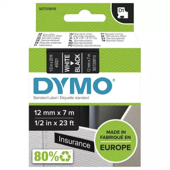 Original DYMO D1 Ετικέτες | Λευκή Εκτύπωση σε Μαύρη Ταινία | 12 mm x 7 m | Αυτοκόλλητες Ετικέτες για Εκτυπωτές Ετικετών LabelManager | Κατασκευασμένες στην Ευρώπη