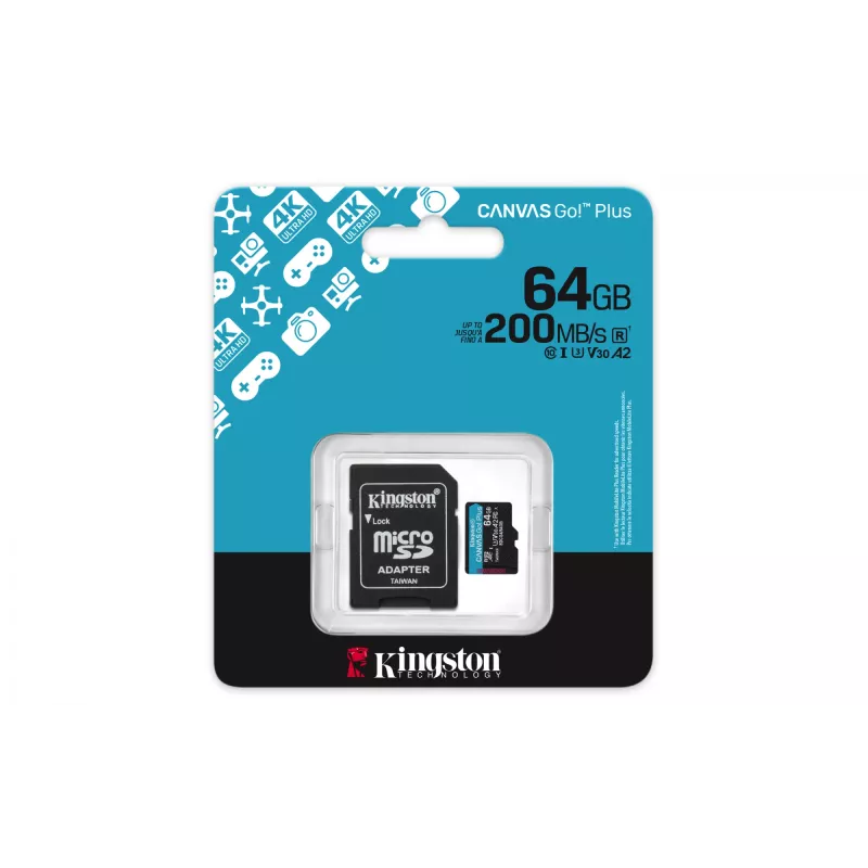 Kingston Technology 64GB microSDXC Canvas Go Plus Gen4 200MB/s A2 U3 V30 Κάρτα + αντάπτορας
