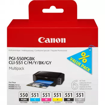 Canon PGI-550/CLI-551 PGBK/C/M/Y/BK/GY 6 μελανοδοχεία πολλαπλή συσκευασία