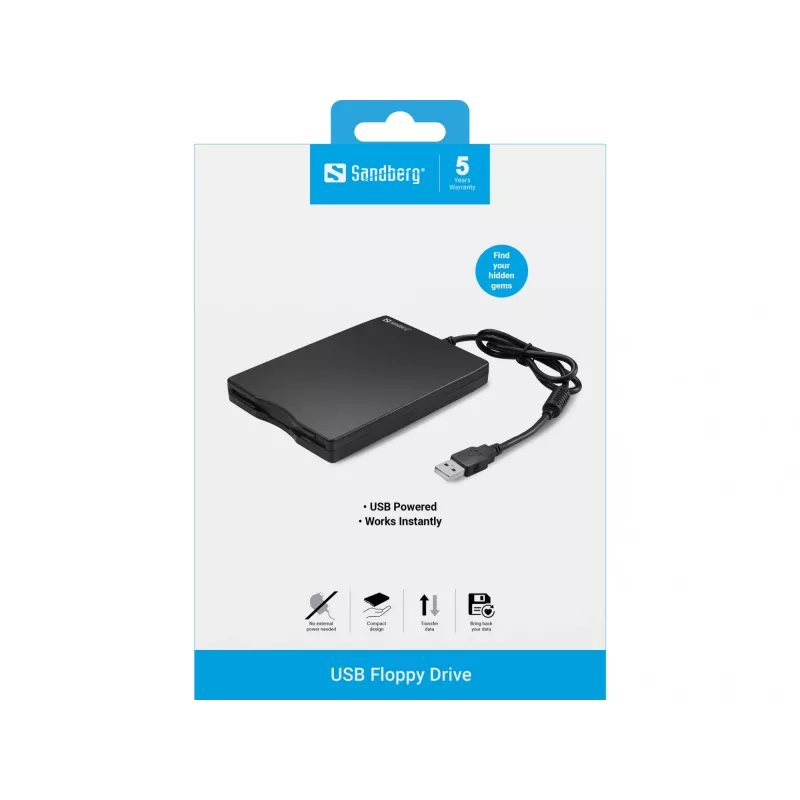 Sandberg μονάδα δισκέτας USB, εξωτερική μονάδα δισκέτας, USB 2.0, 360 U/min, 102 mm, 140 mm, 17 mm