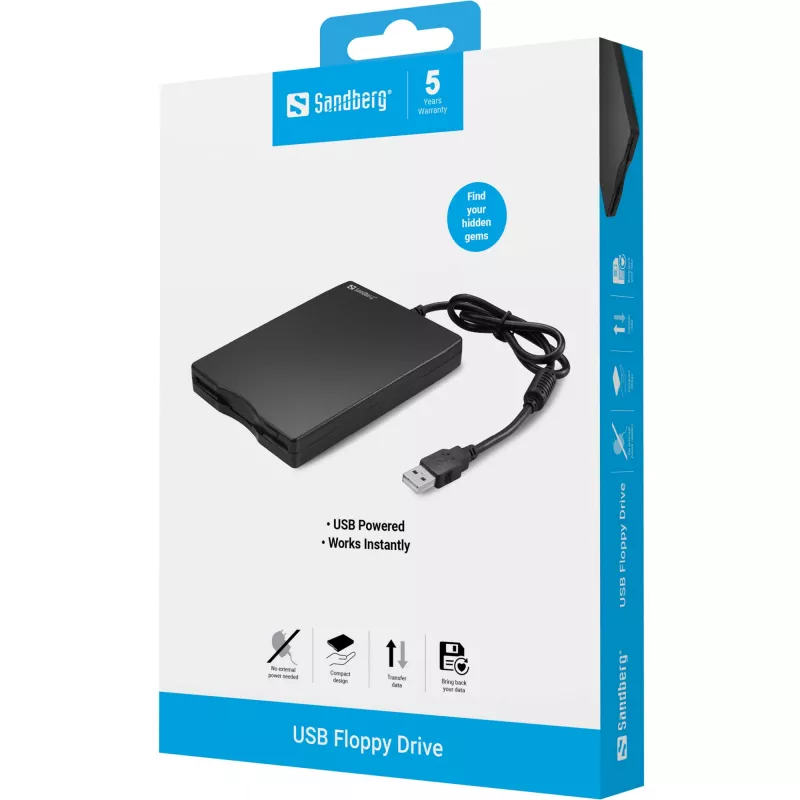 Sandberg μονάδα δισκέτας USB, εξωτερική μονάδα δισκέτας, USB 2.0, 360 U/min, 102 mm, 140 mm, 17 mm