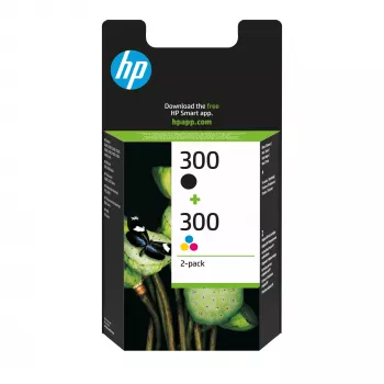 HP 300 συσκευασία 2 τεμ. μαύρο/τρίχρωμο γνήσια μελανοδοχεία, μαύρο, κυανό, ματζέντα, κίτρινο, χρωστική μελάνη, μελάνη βαφής, 2 τεμ., 200 σελίδες, 165 σελίδες