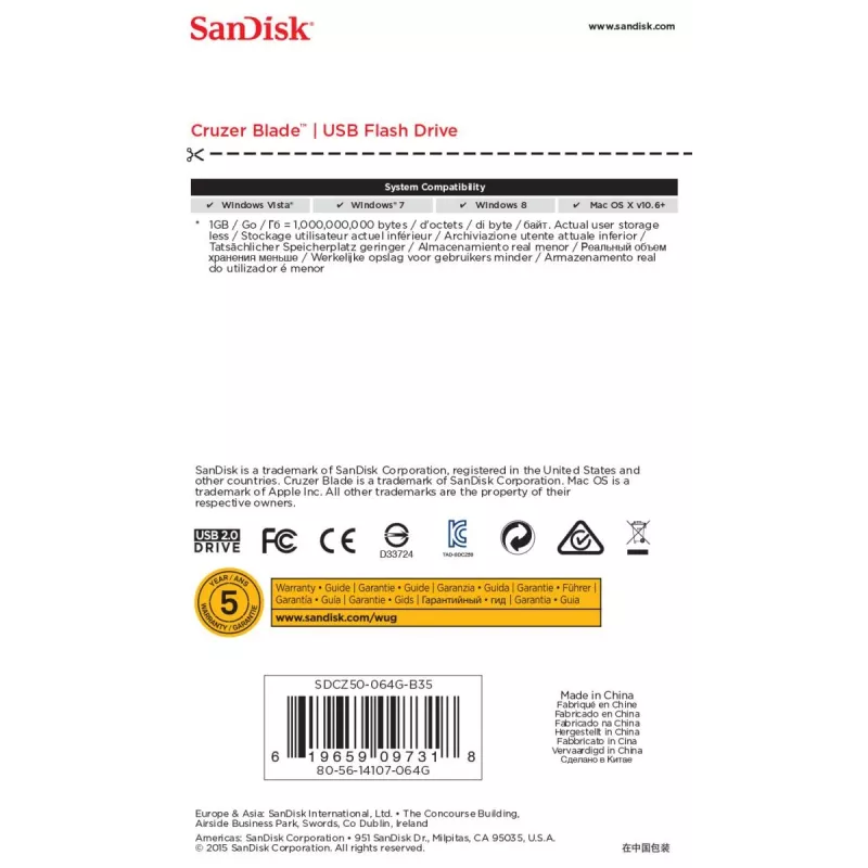 Μονάδα USB Flash SanDisk 64 GB USB Type-A 2.0 Cruzer Blade
