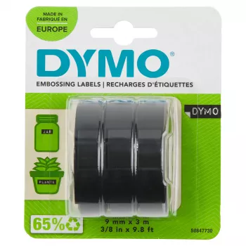 DYMO γνήσια ταινία ανάγλυφης εκτύπωσης | ρολά 9 mm x 3 m | λευκή γραφή σε μαύρο | αυτοκόλλητη | για συσκευές ανάγλυφης εκτύπωσης | 3 τεμ.