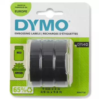 DYMO γνήσια ταινία ανάγλυφης εκτύπωσης | ρολά 9 mm x 3 m | λευκή γραφή σε μαύρο | αυτοκόλλητη | για συσκευές ανάγλυφης εκτύπωσης | 3 τεμ.
